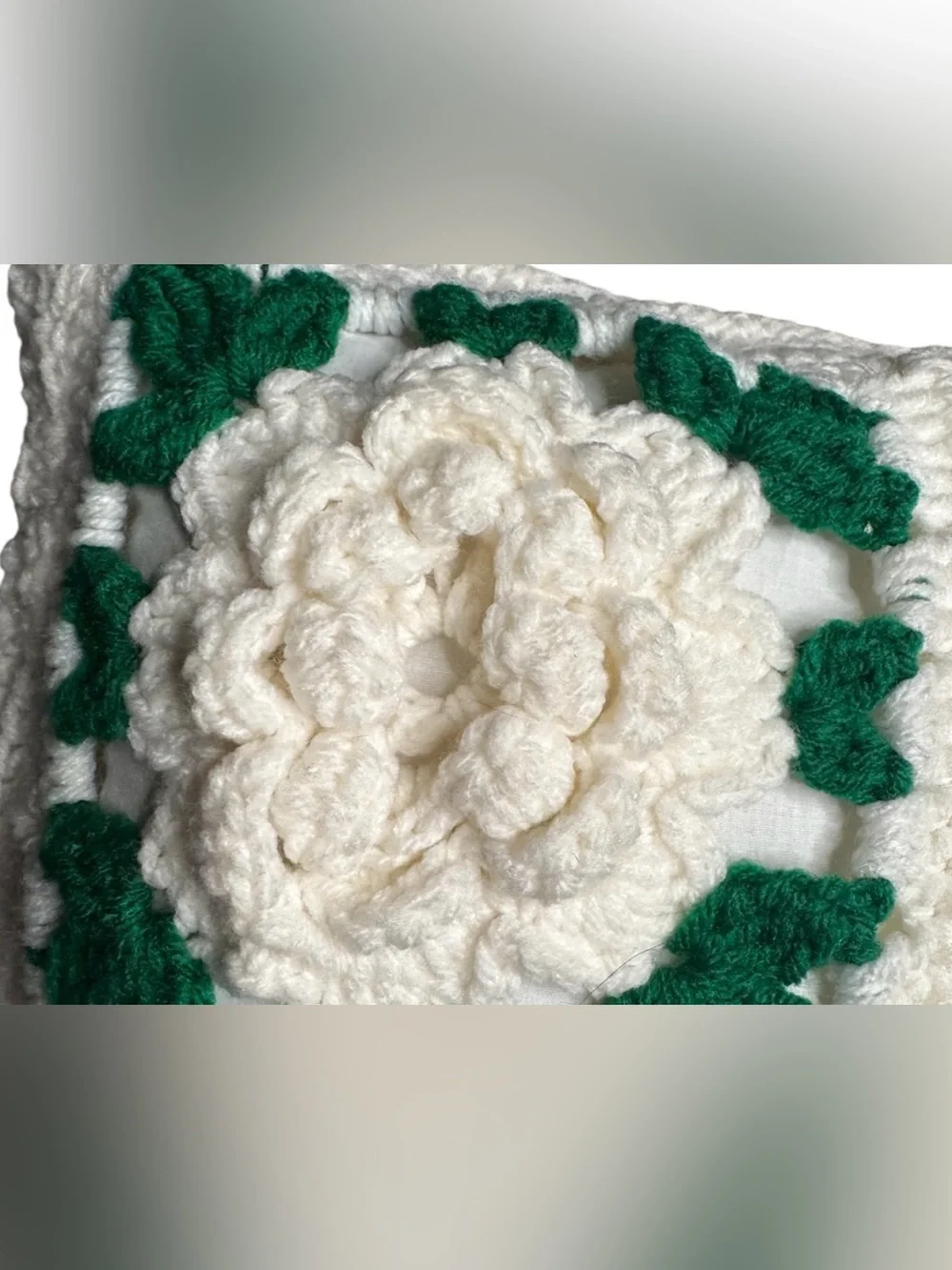 Handmade 16” 3D roses granny square pillow - different colors on each side!